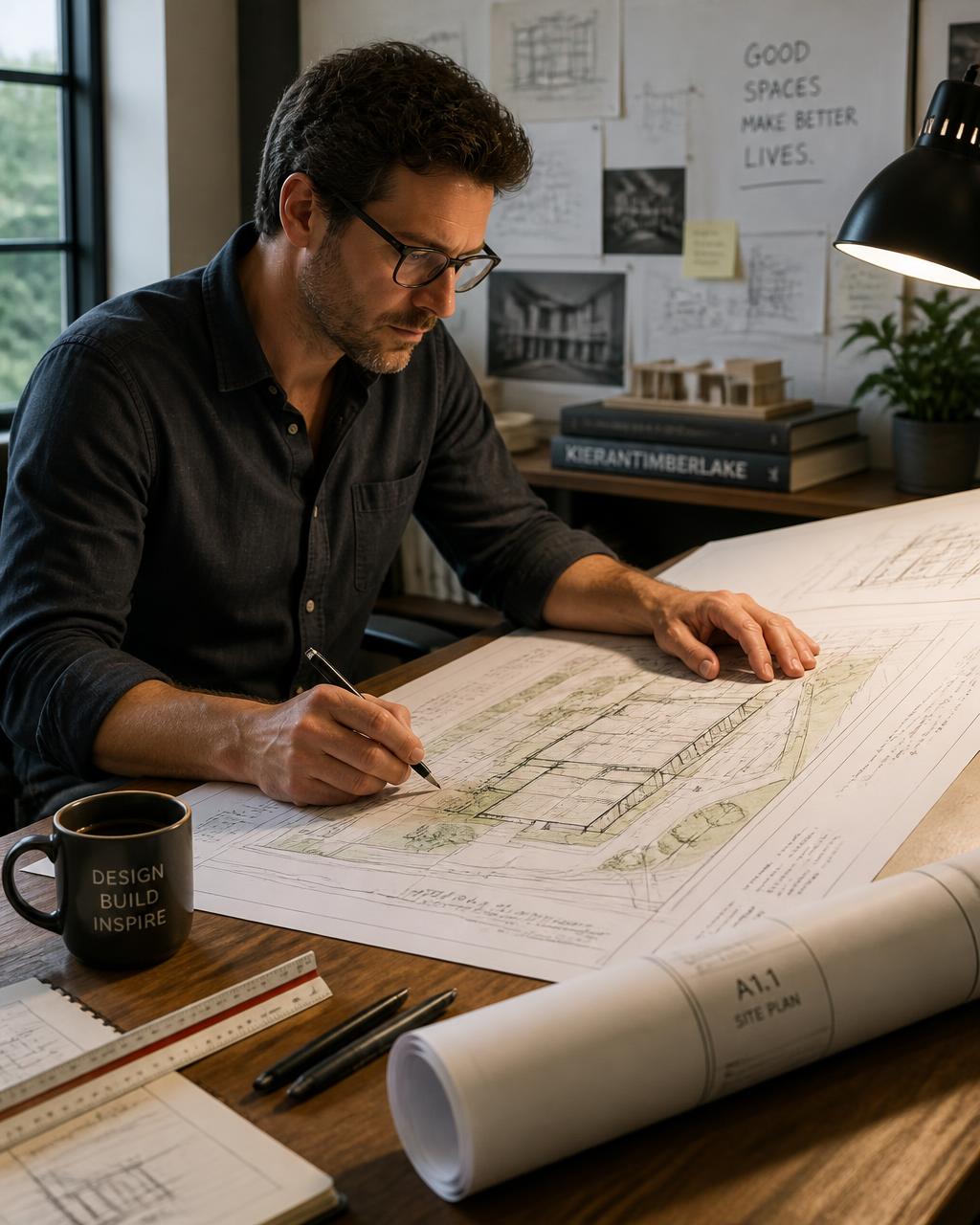 An architect reviewing site plans at a drafting table with coffee and a rolled blueprint